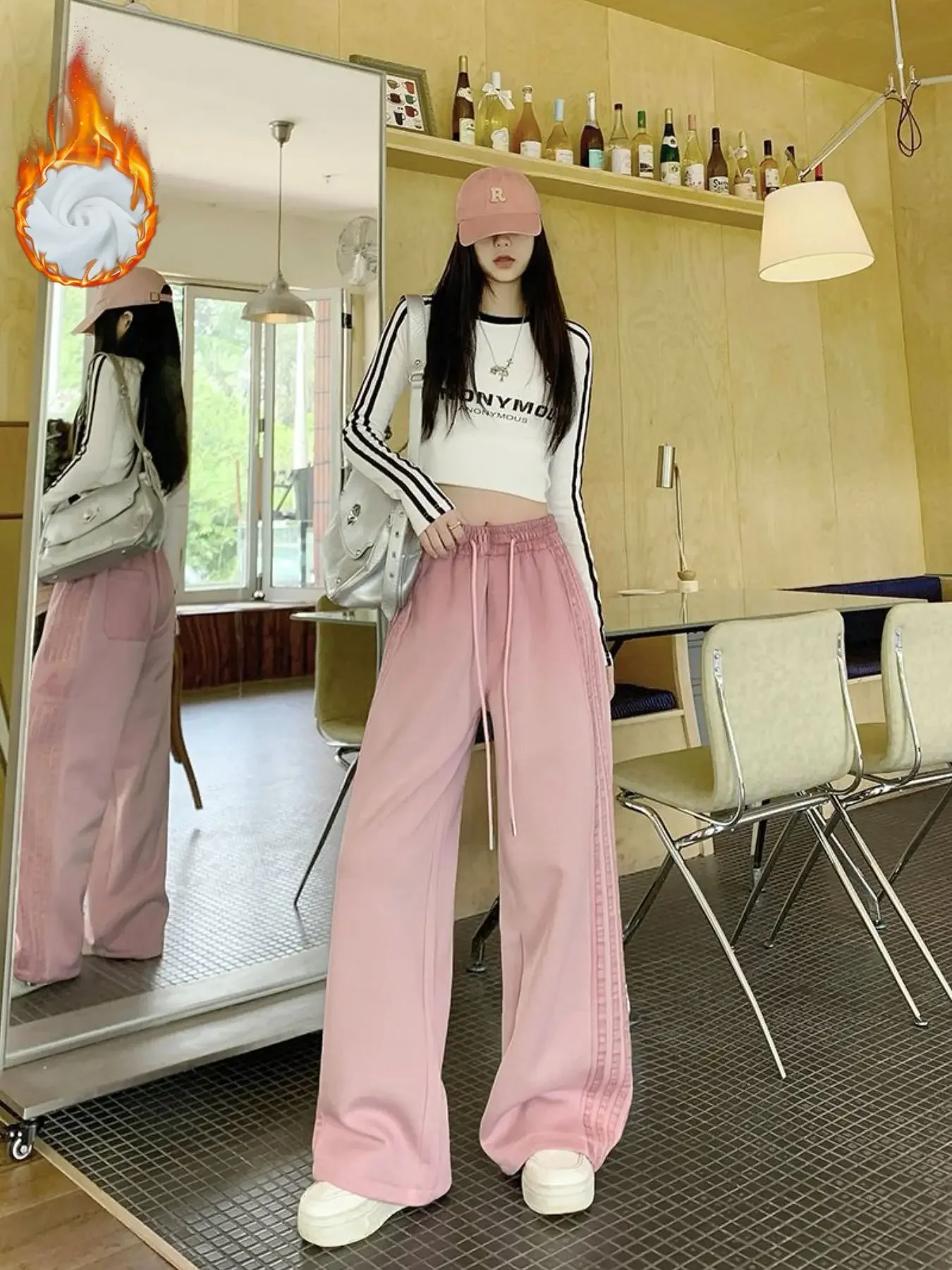 Pantalon Long chaud en polaire pour femme, grande taille, décontracté, rayé, tendance, jambes larges, Y2K, ample, jambes droites, automne/hiver