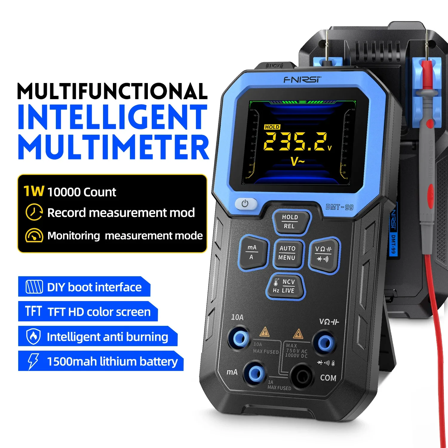 

FNIRSI DMT-99 Digital Multimeter 9999 Counts Smart Professional Tester 1000V 10A True RMS Auto Range AC DC Ohm Hz Capacitance