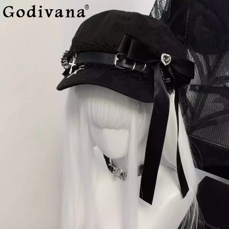 Fashion Versatile Age Reduction Diamond Heart Shaped Bow Japanese Hat Spring Autumn Sweet Cute Personality Leisure Hats