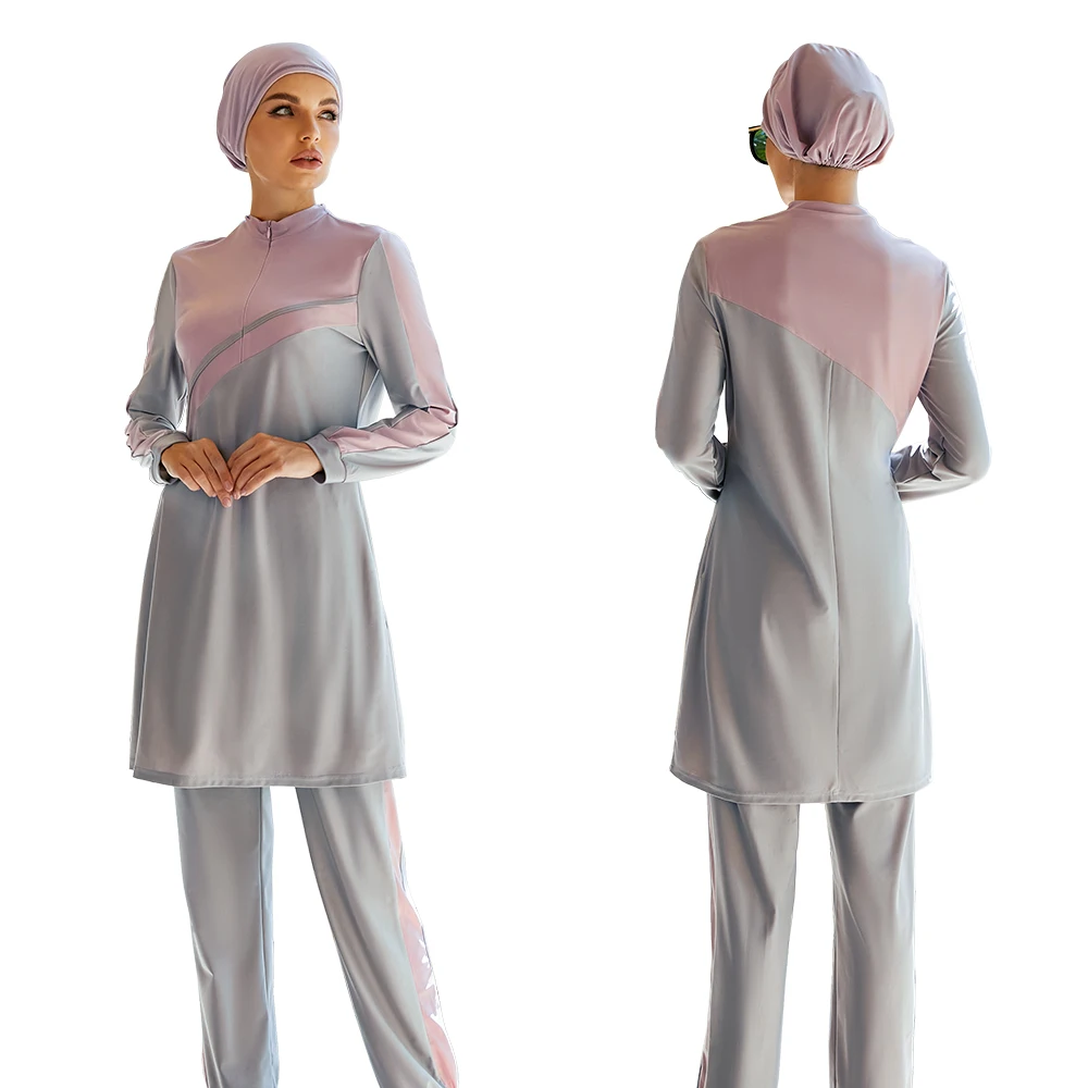 Trajes De Bano Mujer Swimwear for Veiled Women 3 Pieces Set with Zipper for Surfing and Diving Burkini Muslim Swimwear