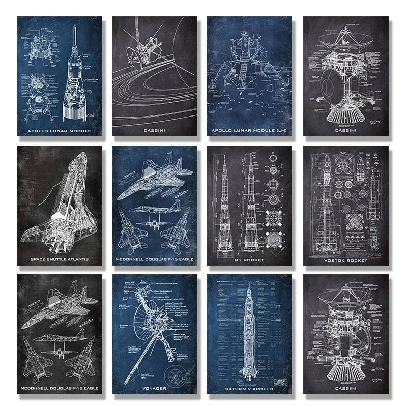 Chalkboard Vintage Blueprint Poster Canvas Painting Prints Space Shuttle Artwork Science Wall Art Gift Home Room Decor
