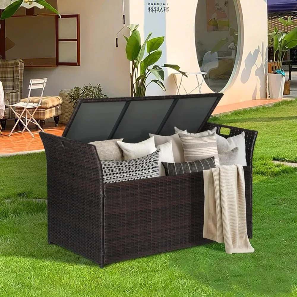 90 Gallon Outdoor Wicker Storage Bench with Cushion, Patio PE Rattan Deck Box with Handles