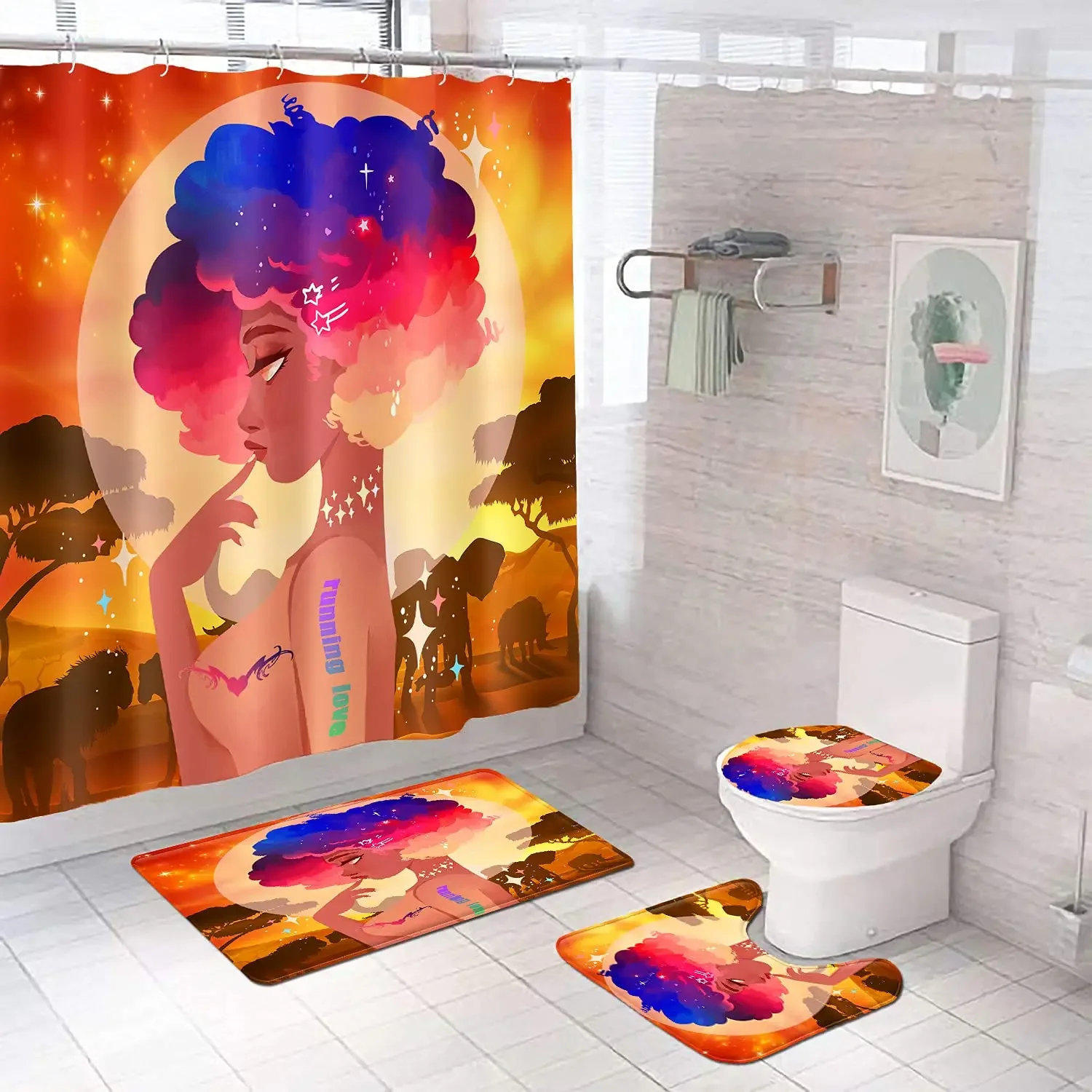 Fashion Elegant Afro Black Girl Shower Curtain Set Fantasy Galaxy Ethnic Sexy African American Woman Bathroom Rug Toilet Carpet