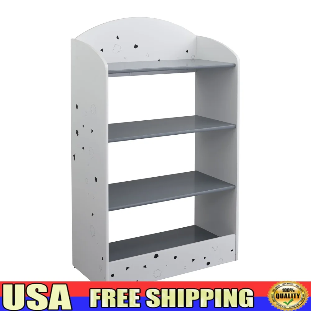 

Kids Bookshelf Modern MDF Storage Unit 4 Shelves Open Back Playroom Bedroom Furniture Grey White Finish Assembly Included