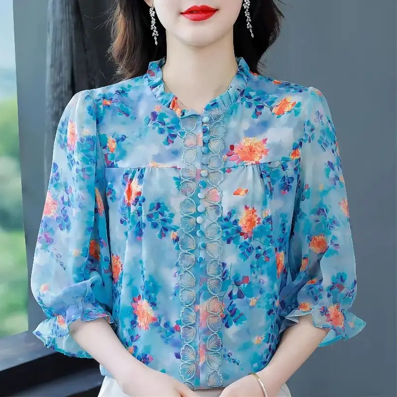 Fashion Elegant 2024 Summer Shirts Women Stand Collar Spliced Printed Button Edible Tree Fungus Loose 3/4 Sleeve Chiffon Blouses