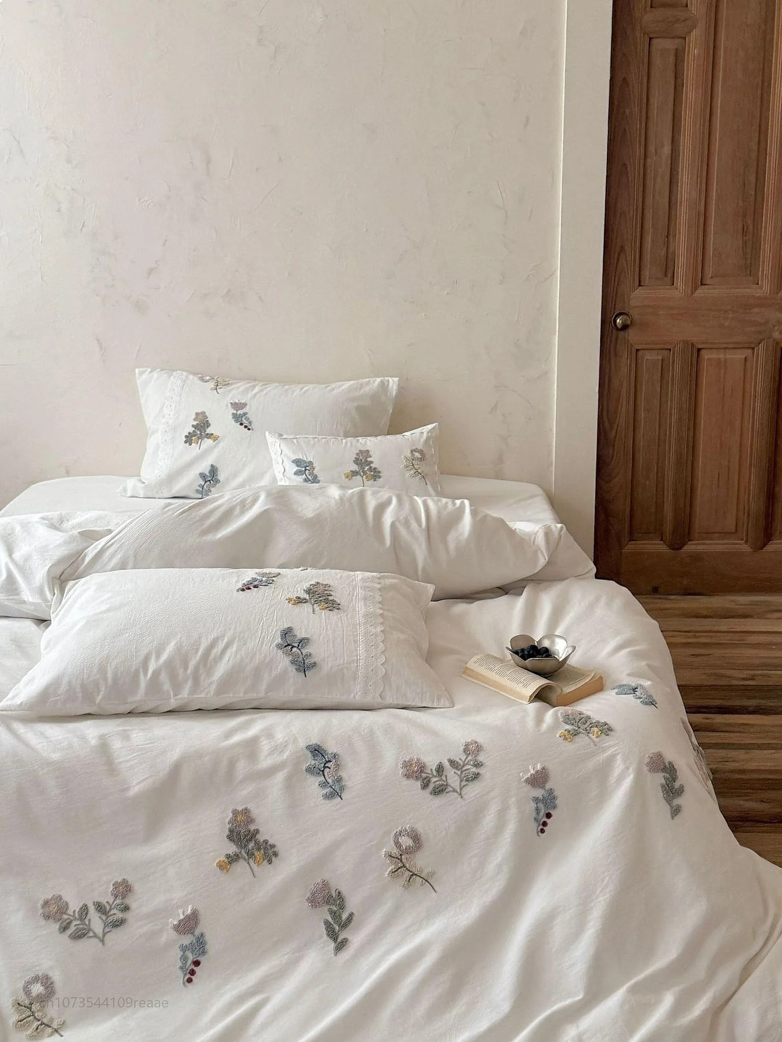 Washed Cotton Duvet Cover Only French Embroidered Soft Breathable Bedding Set