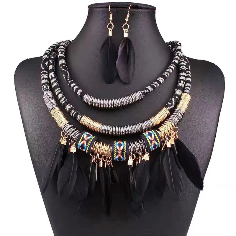 Fashion Bohemian Ethnic Feather Crystal Mixed Choker Necklace Earrings Set For Women Multilayer Nekclaces Earrings Jewellry Sets
