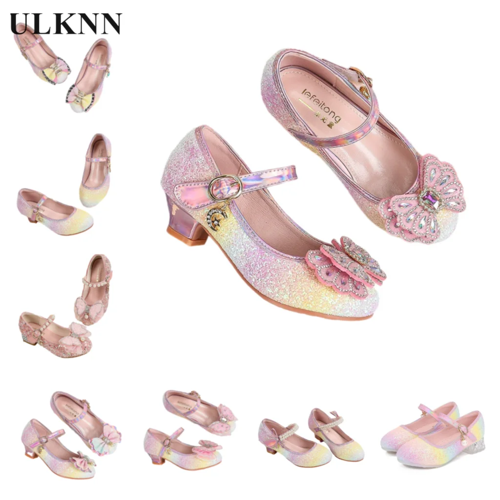  נעלי עקב ילדות Princess Fashion Butterfly Crystal Shoes Unique Sense Fairy Children's Leather Shoes Gradient Princess Shoes