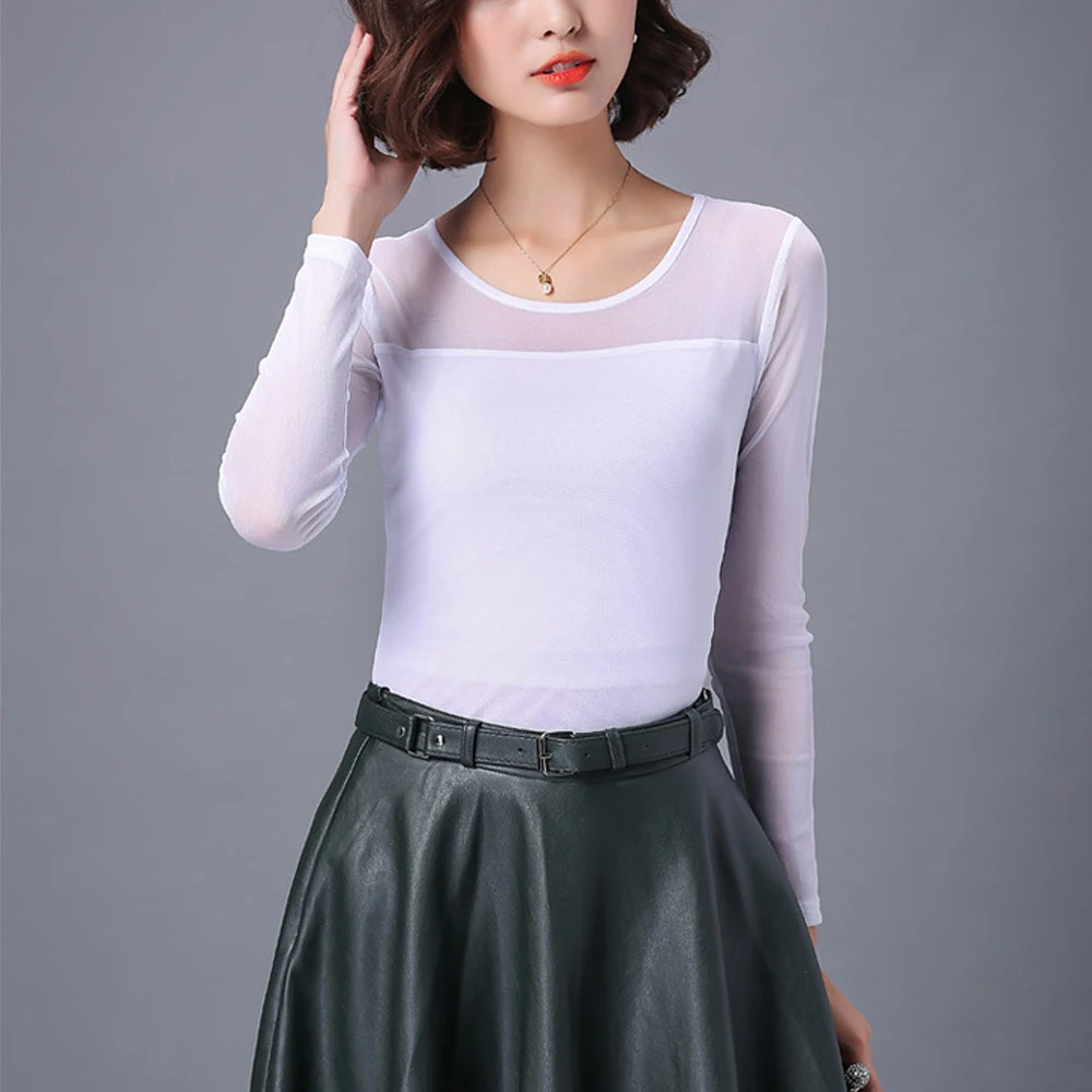 

Women's Y2K Sheer Mesh T Shirt Female Top Long Sleeve O Neck Lace Shirts Sexy S-XXL Black White Perspective Tops Clothes Ladies