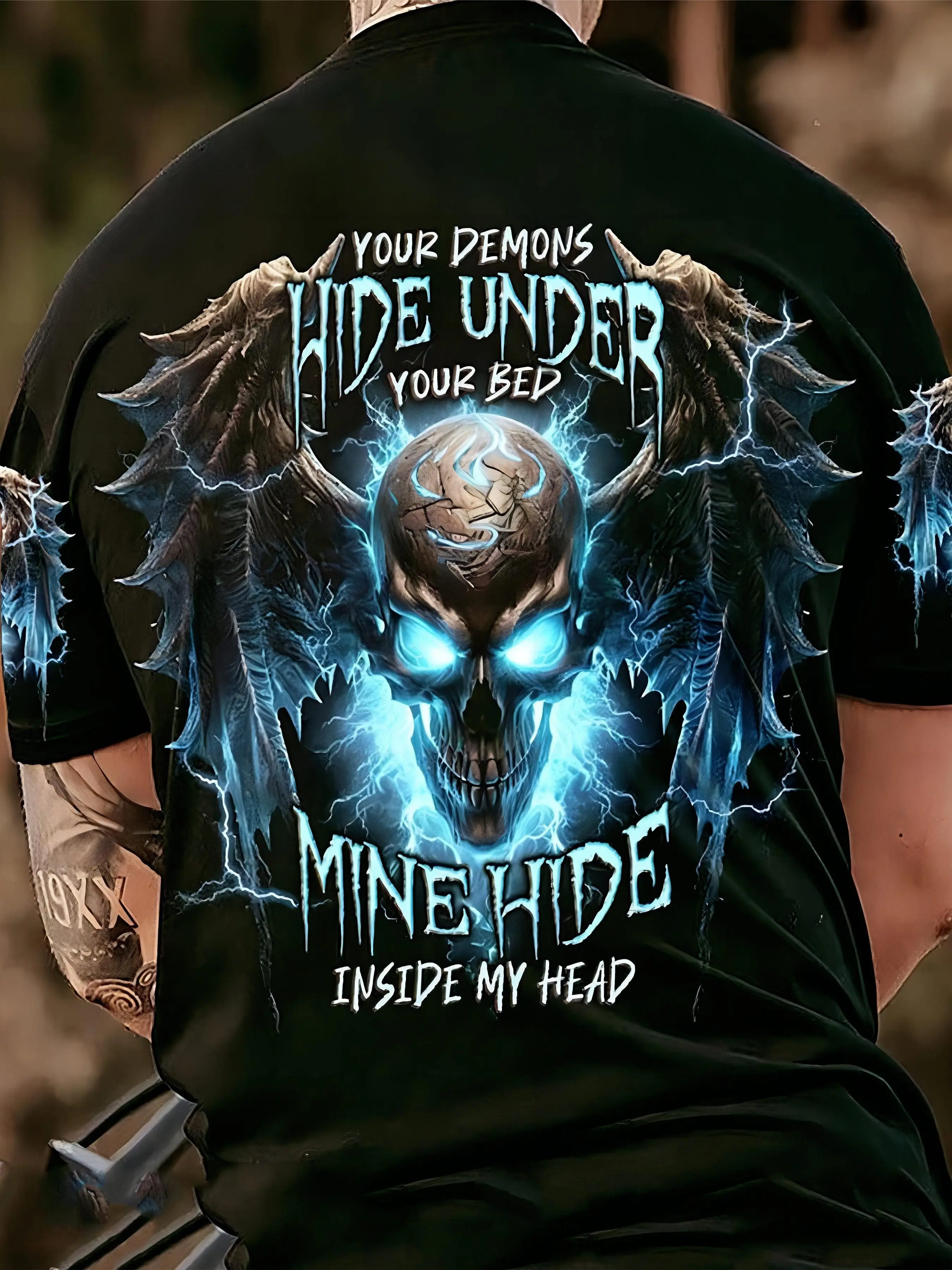 

Men's 3d Digital Printed Casual Short-Sleeved T-Shirt "I'm Never Alone With The Devil" Pattern Black Neon Green Lightning Bolt R