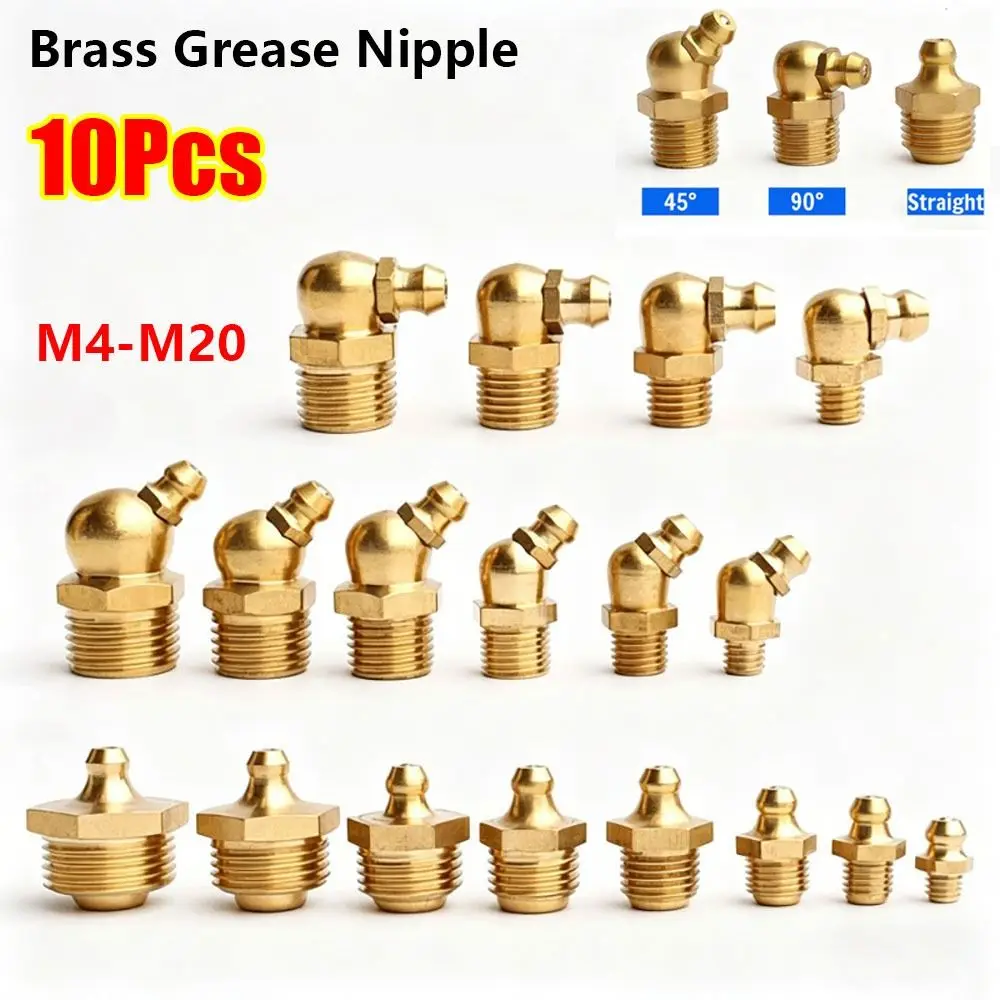 10Pcs M4-M20 Brass Grease Nipple Straight 45 Degree 90 Degree Brass Grease Zerk Nipple Thread Fitting Flat Smooth Mouth