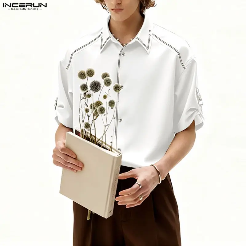 

INCERUN Мужская рубашка в стиле пэчворк с лацканами и коротким рукавом, свободная мужская одежда, уличная одежда, модные повседневные топы в корейском стиле, мужские рубашки