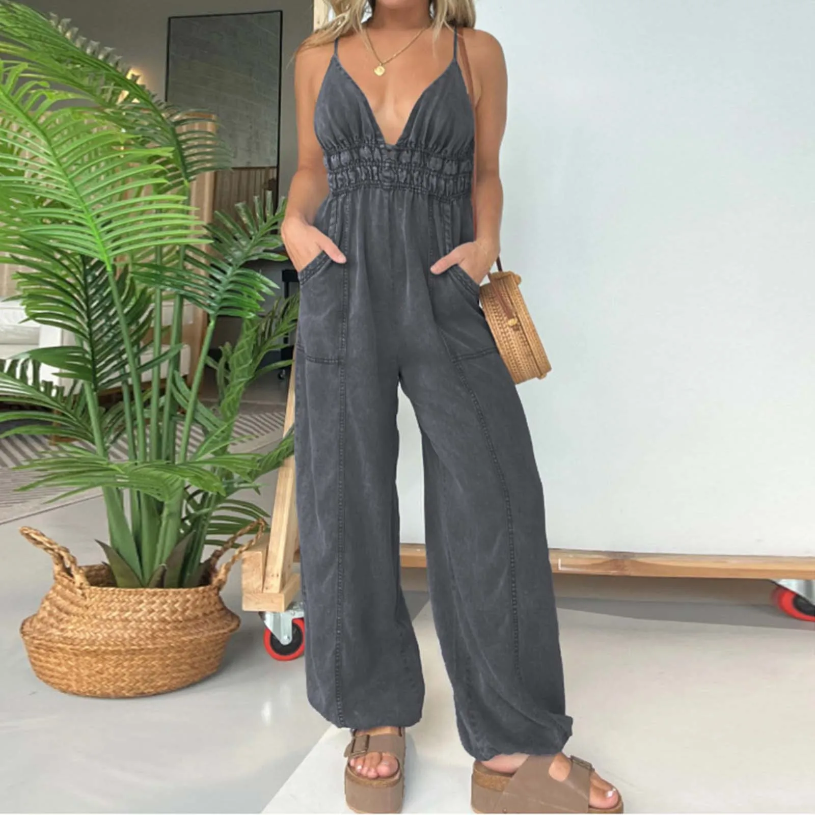 Jumpsuit Denim Fashion kasual wanita Jumpsuit musim panas pinggang dapat disesuaikan longgar pas kaki lebar Playsuit tali serut manset Jumpsuit punggung terbuka