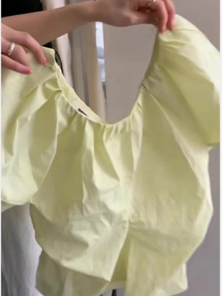 

Retro Yellow V-Ne ort Sve Loose Fit Slimming irt Women's Summer New Design Korean Sle Bubble Sve Thin Fabric