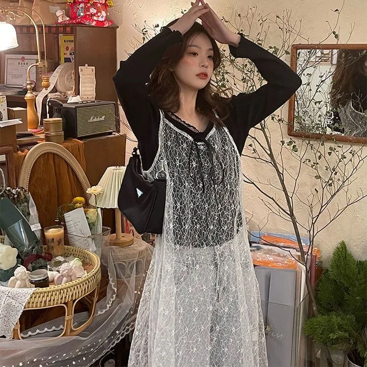 สั้นบาง SHEER ลูกไม้ตาข่ายสีขาว SLIP Dress ผู้หญิงเกาหลีสไตล์แฟชั่น COVER UPS ฤดูร้อนน่ารักโปร่งใสแขนกุดชุด