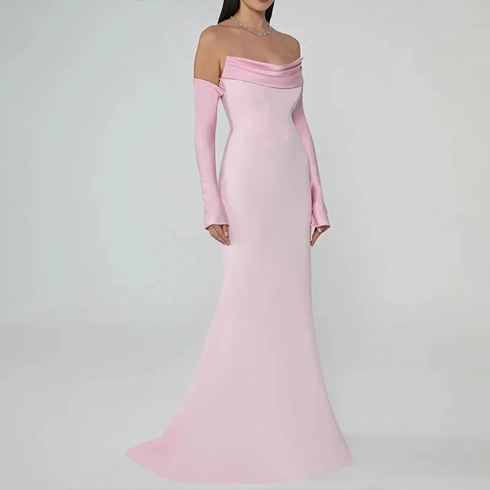 

Customized Simple Fashion Elegant Pink Mermaid Prom Dress Off Shoulder Party Floor Length Special Occasion Gown