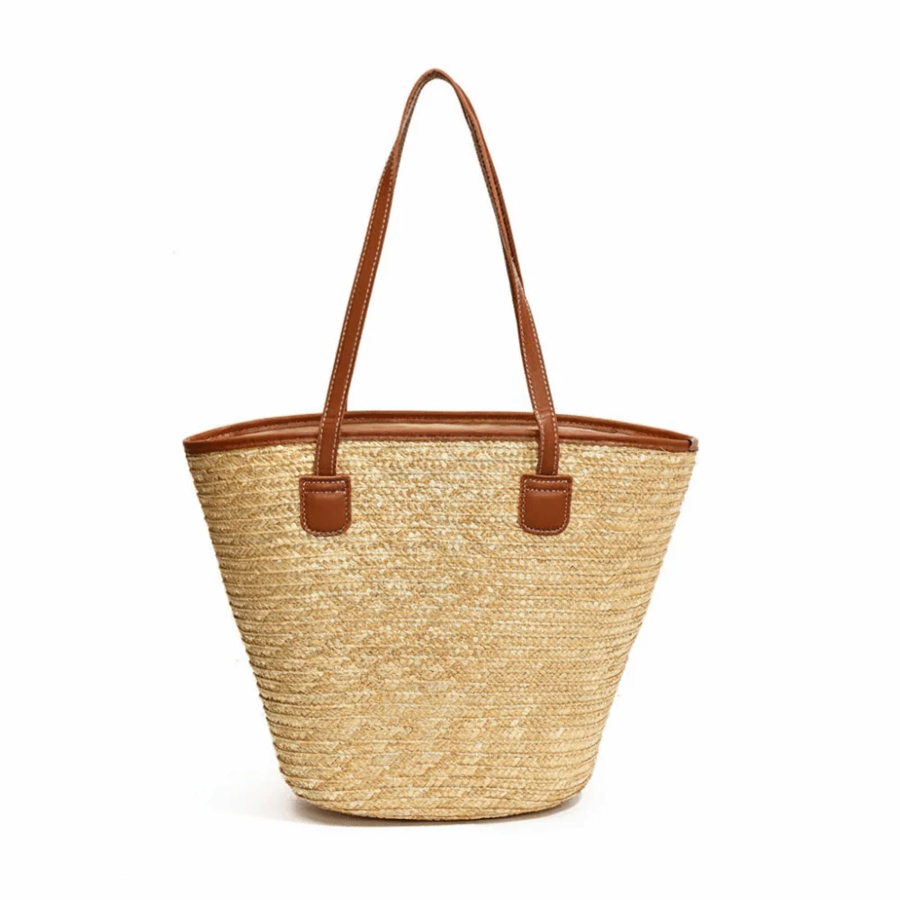 

Fashion Straw Tote Bag Square Stripe Woven Shoulder Bag with Zipper Large Capacity Vacation Beach Bag