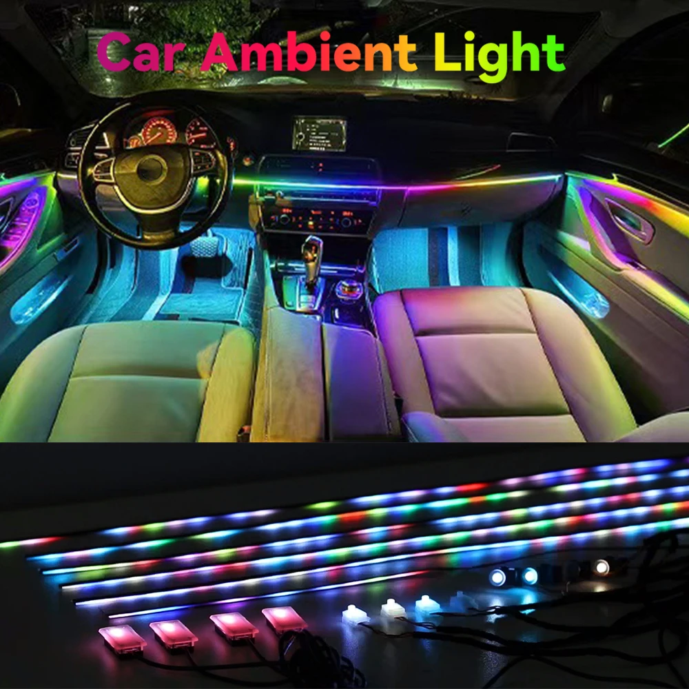 

Светодиодная лента для салона автомобиля, RGB, оптоволоконная атмосфера, неоновое освещение, управление через приложение для Tesla Model 3, автоматическая декоративная лампа