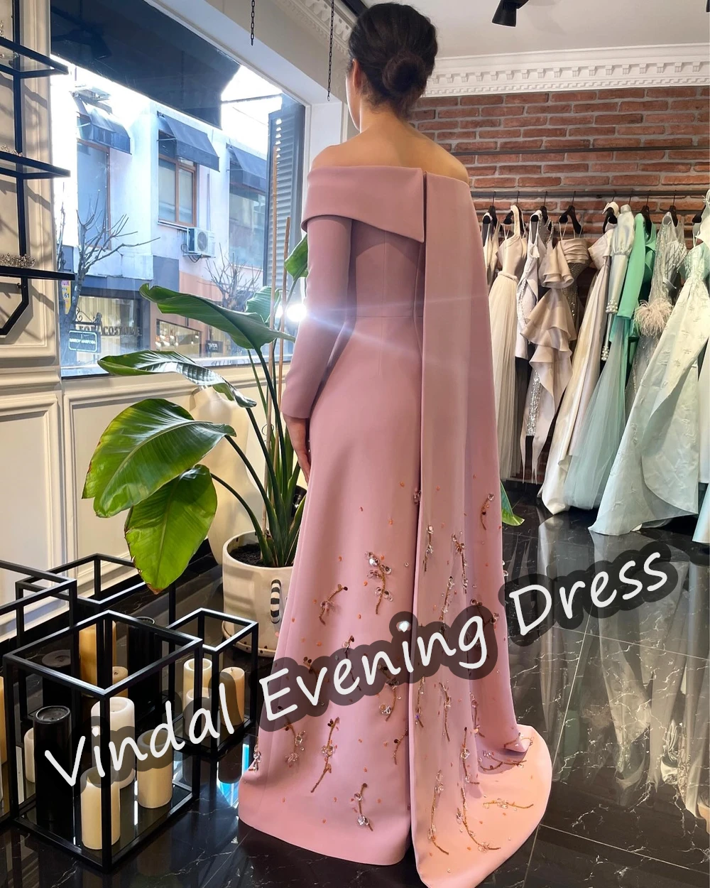 Vindal Off-the-shoulder Evening Dress Floor Length A-Line Elegant Built-in Bra Crepe Saudi Arabia Short Sleeves For Woman 2024