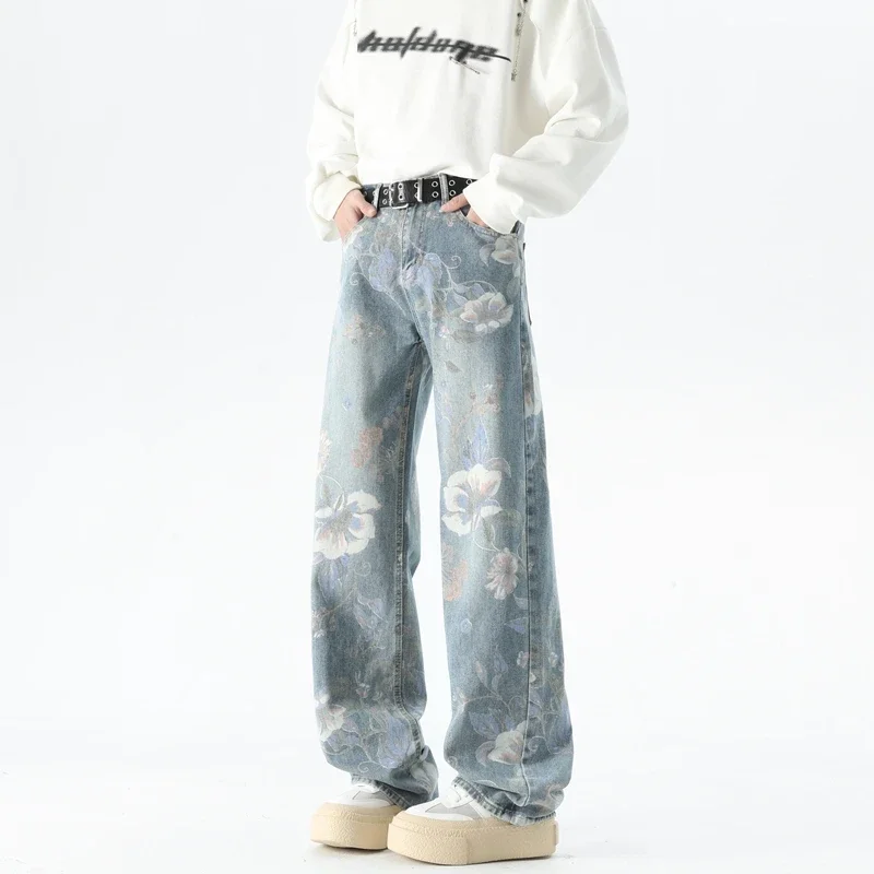 Cleanfit Style Flower Print Baggy Straight Jeans Men American High Street Blue Casual Denim Pants Cotton Hip Hop Streetwear Y2k