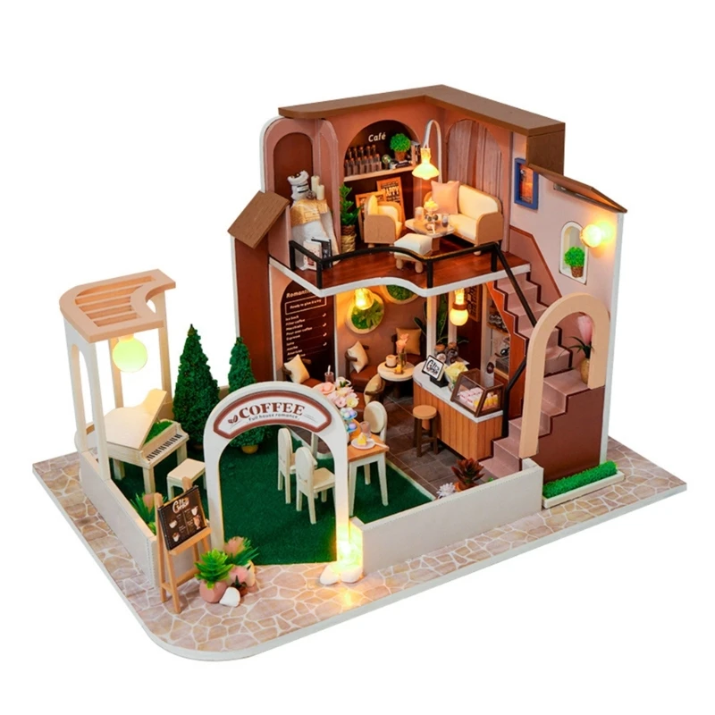 Handmade Miniature House Project DIY Coffee House Kits with Furniture and LED Light for Relaxing Craft Time