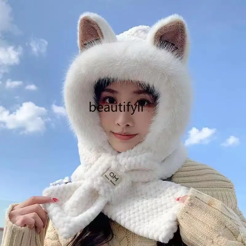 Cute fox ears plush electric car riding ear protection winter warm hat scarf scarf integrated autumn and winter