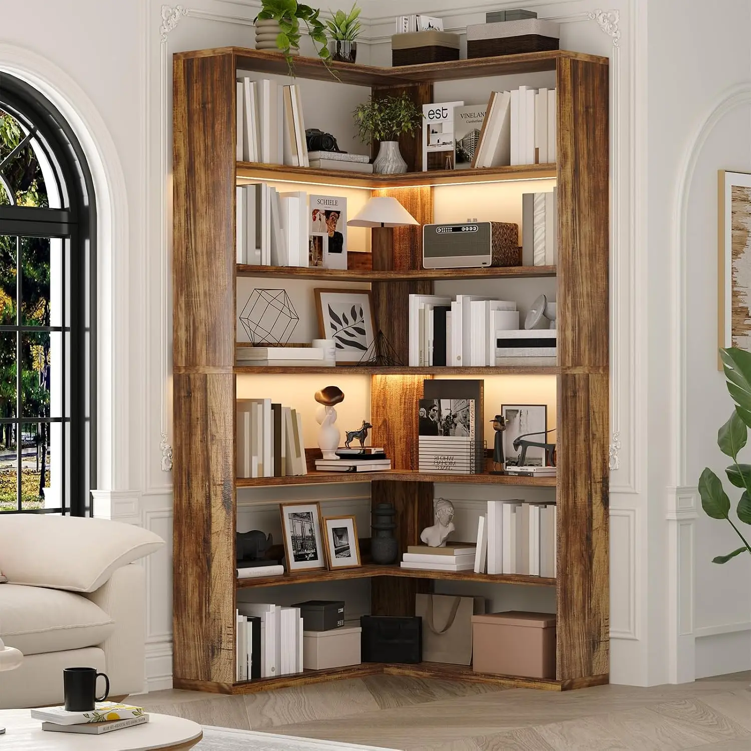 7 Tier L-Shaped Corner Book Shelf, Brown Wood Storage Display Unit for Home Office Living Room, Customized