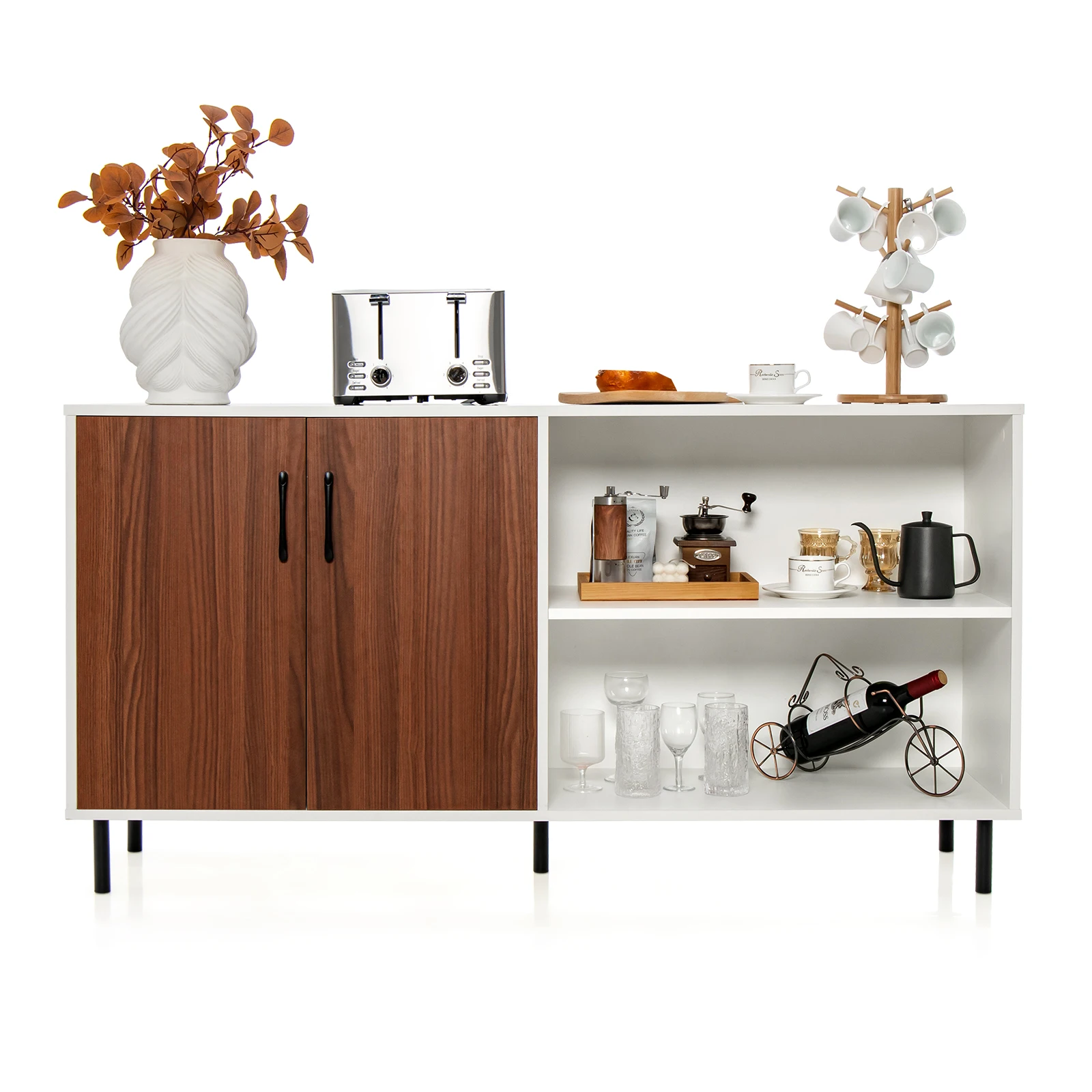 Sideboard with wardrobe and 2 open compartments, wood dresser, 148x40x75cm, modern