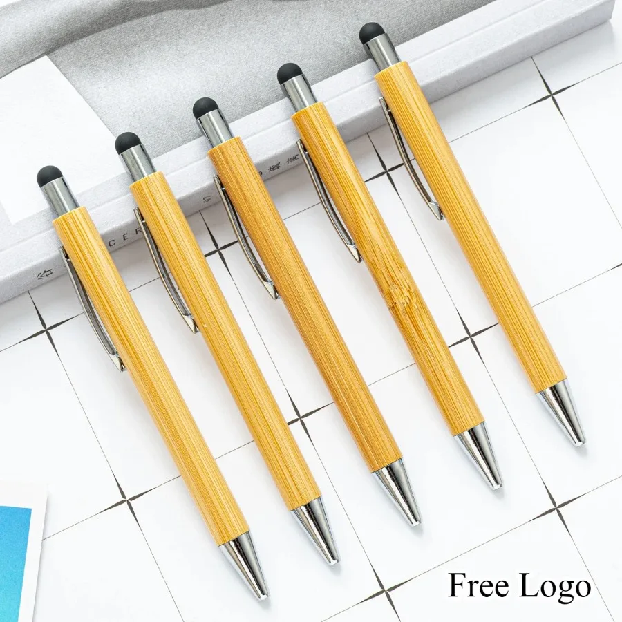 Custom Logo 100 Pcs Bamboo Pens with Stylus Free Customizable Advertising Pen Hotel Office Student Gifts Multi Function Bamboo