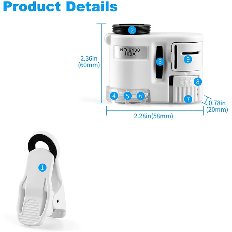 2X 100X Zoom Clip-On Microscope With LED Light, Portable Magnifier Loupe Pocket Magnifying Lens Glass