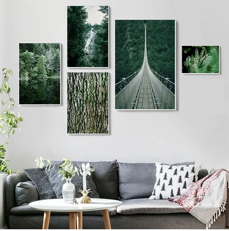 Forest Waterfall Bridge Landscape Picture Scandinavian  Scenery Nature Canvas Wall Art Print  Nordic Decoation