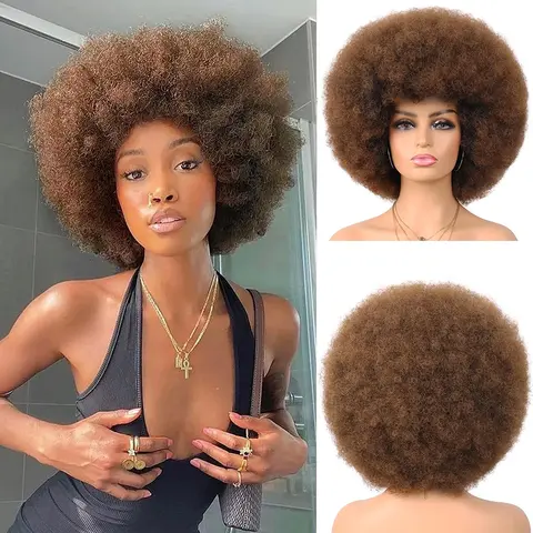 13X4 Colored Fluffy Afro Kinky Curly Human Hair Pixie Cut Wig Glueless Bouncy Short Bob Wig with Bangs Natural Brown Burgundy