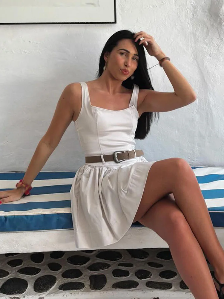 

TRAFZA женское летнее платье с квадратным воротником и поясом, украшенное без рукавов на молнии, женское элегантное плиссированное мини-платье High Street