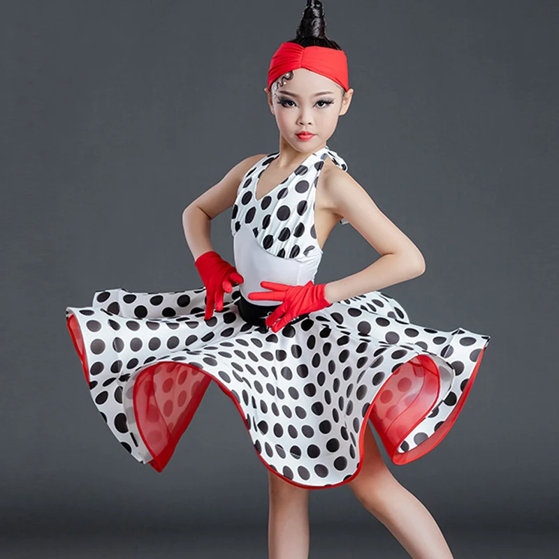 Children's Latin Dance Costumes Girls'polka Dot Performance Costumes Professional Sets Dance Performance Costumes Large Skirts