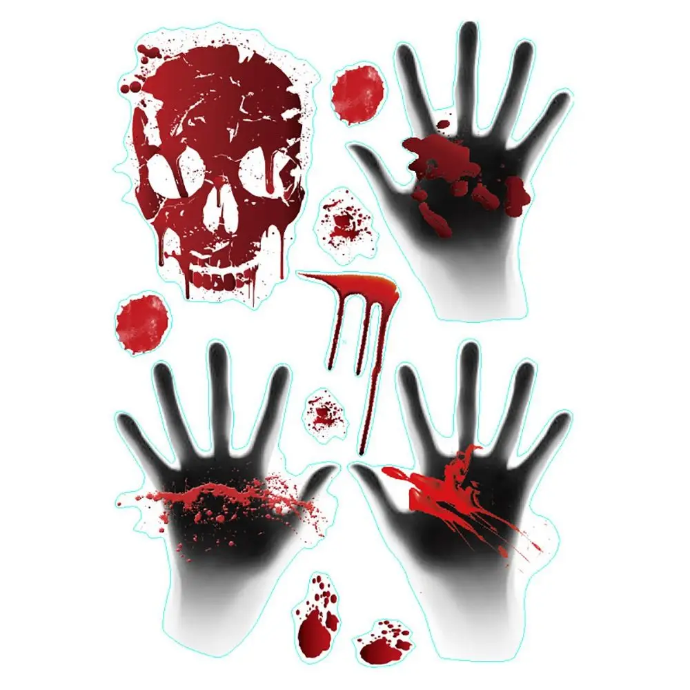 Bloody Handprint Footprint Halloween Decorative Stickers Multicolor Skull Pattern Static Cling Decal Waterproof Scene Ornament