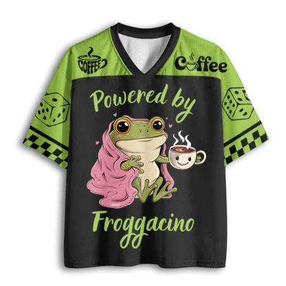 Funny Coffee Frog Cartoon Print Mesh Jersey V Neck Short Sleeve T-shirt