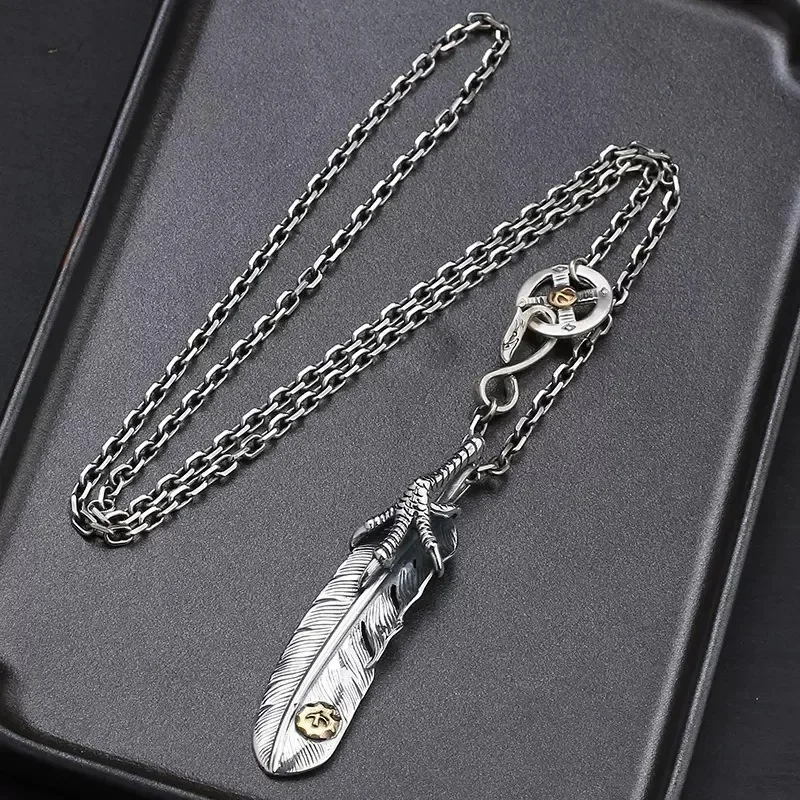 Colgante de pluma de diseño Original Vintage, collares de garra de plata 925, estilo Hip-Hop, suéteres de pareja, cadena, accesorios de joyería fina