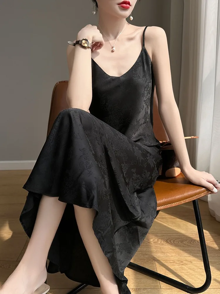 Ele soie Satin longue Dr femmes été Sexy couche de Base v-ne a-ligne robe coréenne Sle tenue décontracté sans Sve