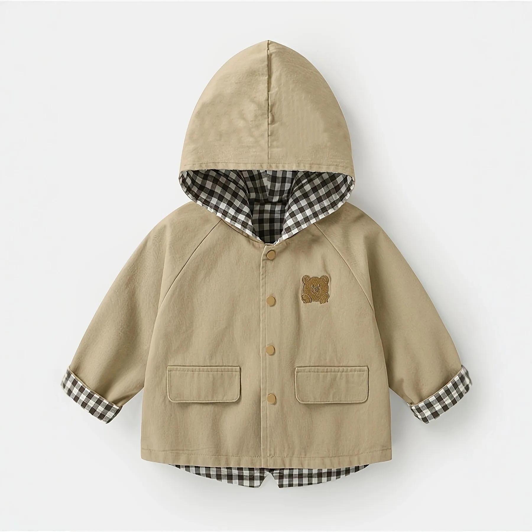 Spring Autumn Baby Hooded Jacket Toddler Boys Girls Khaki Coat Cartoon Bear Embroidery Plaid Lining Kids Windbreaker Outerwear