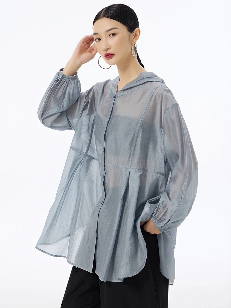 [EAM] Women Gray Thin Perspective Big Size Casual Blouse New Hooded Long Sleeve Shirt Fashion Tide Spring Summer 2024 1DH6609