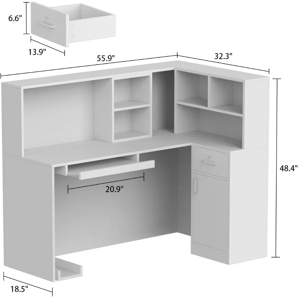 L-Shaped Reception Desk Counter Table with Lockable Drawers & Storage Shelves, Private Workstation for Salon Reception Room