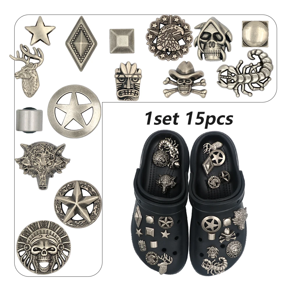 1 Set 15 Pcs Shoe Крокросы Accessories Charm Punk Style Animal Insect Metal Hole Sandals 지비츠 Decorations Circle Square Buckles