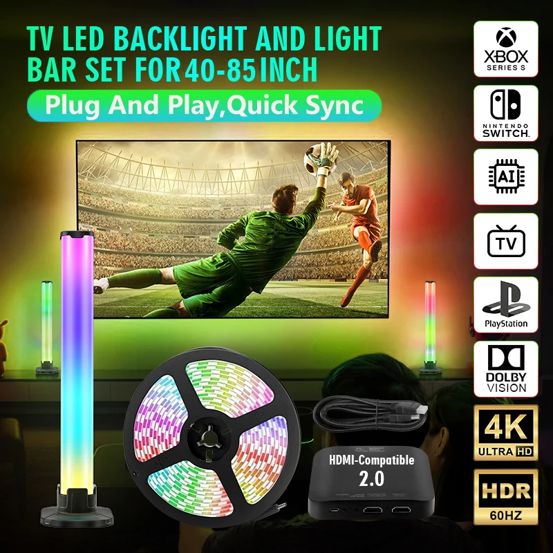 

TV LED Backlight And Light Bar Set For 40-85 inch Plug And Play Quick Sync LED Light Strip For 4K HDMI-Compatible 2.0 Device