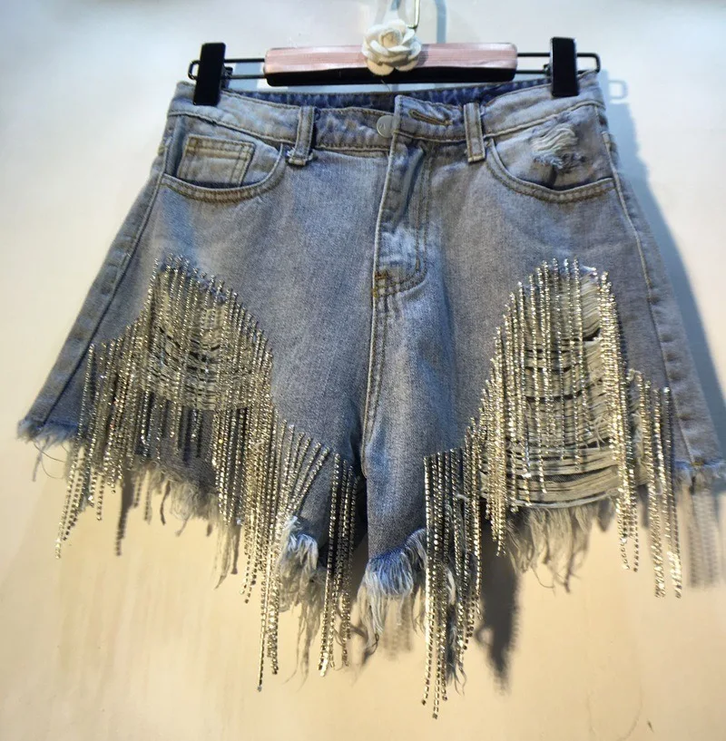 

Sexy Denim Shorts Women Ripped Jeans Straight Rhinestone Embellished Diamond Tassel Chain Short Trouser Nightclub Outfits Street