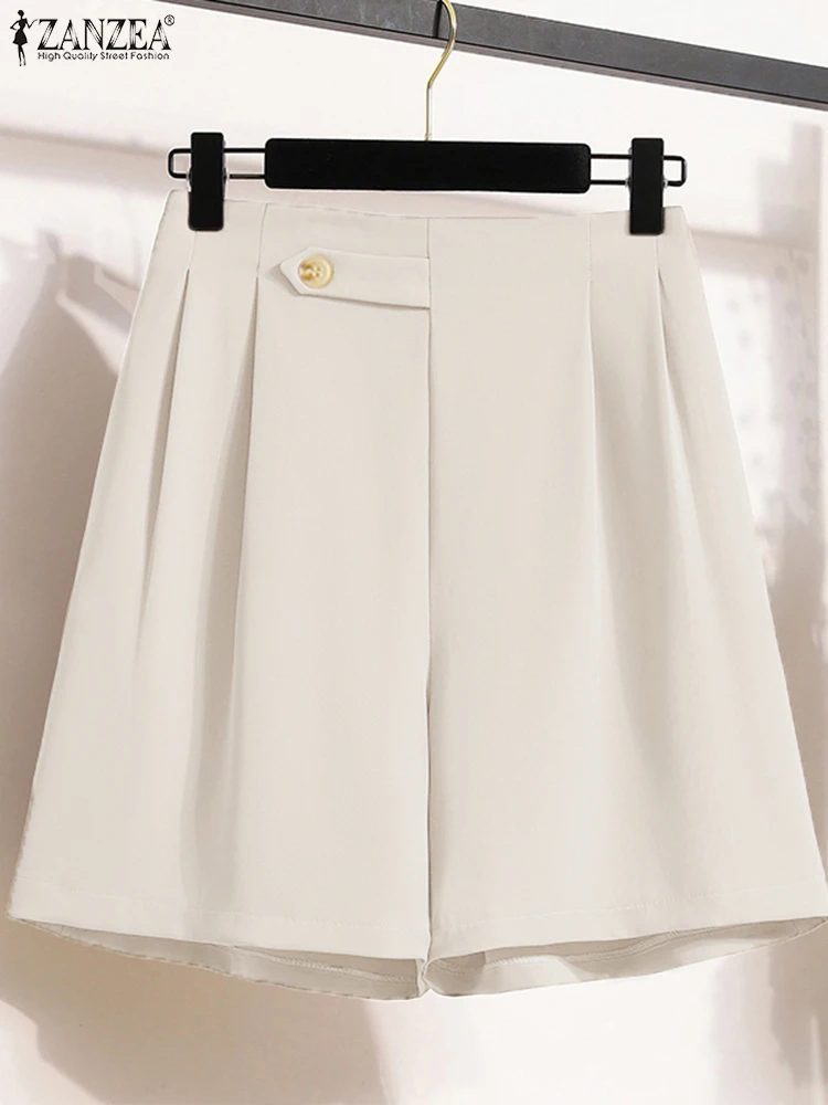 

Элегантные офисные шорты OL ZANZEA, женские летние брюки с высокой талией, однотонные рабочие шорты, повседневные свободные широкие брюки на пуговицах Palazzo