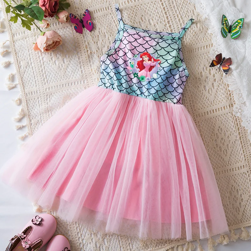 

The Little Mermaid Kids Girls Princess Dresses Printed Cute Baby Clothes Cotton Sleeveless Sling Summer Costume Prom Dresses