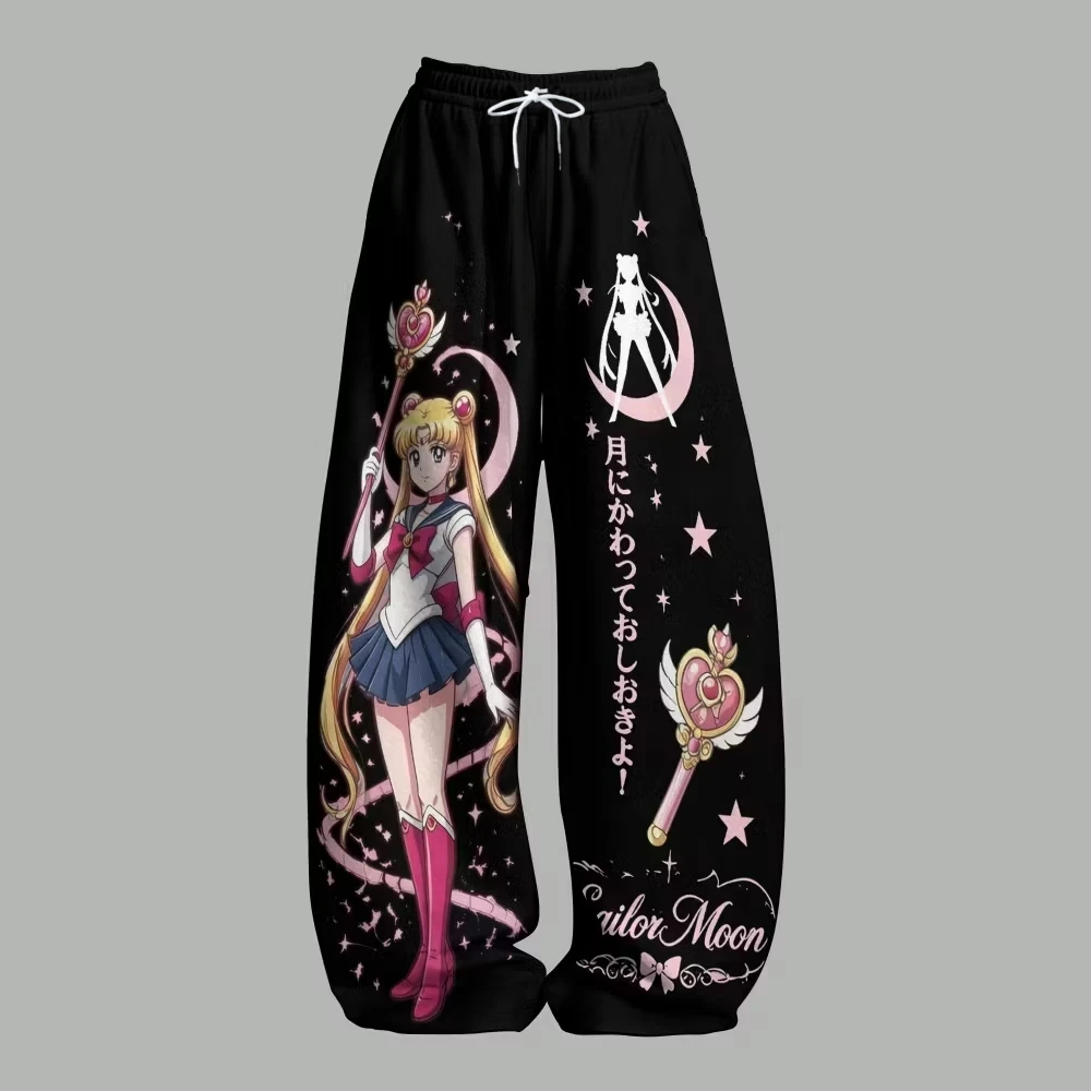 Anime Sailor Moon, farbenfroh bedruckte, weit geschnittene Hose mit hoher Taille und Kordelzug, lockere Freizeit-Sweatpants, Mädchenstil, lässige Shorts. – Detail 6