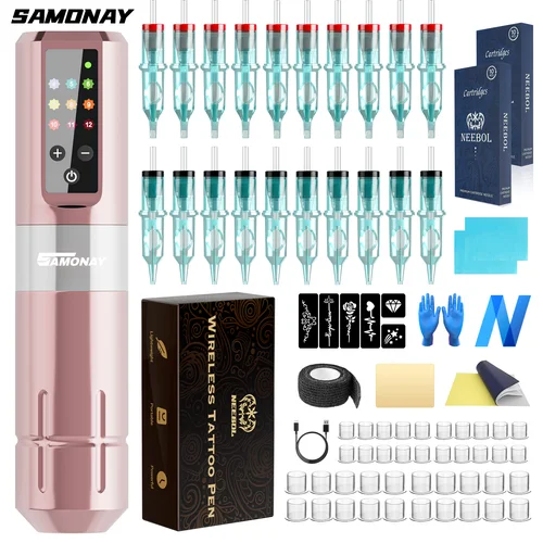 NeebolRotary-Kit de máquina de tatuaje inalámbrica, juego completo de tatuaje con cartucho de 20 piezas, herramienta de maquillaje permanente para tatuador