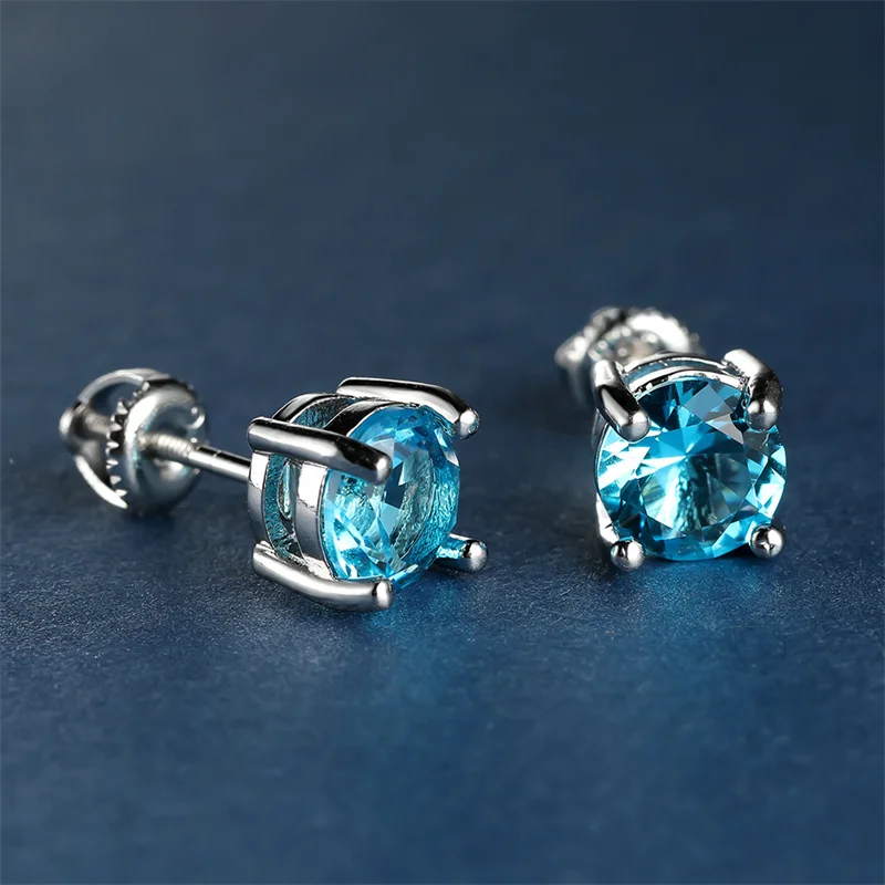 Luxury Female Crystal Light Blue Stone Earring Charm Silver Color Stud Earrings Cute Round Zircon Wedding Jewelry For Women