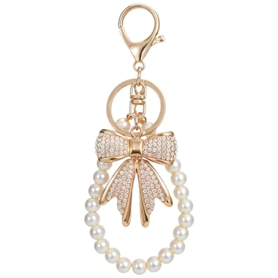

2 Pcs White Rhinestone Bowknot Keychain Imitation Pearl Chains Sparkly Bow Purse Charm Bag Charms for Handbags Purse Backpacks